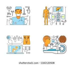 Main page layout for medical centre website in modern flat line style. Diagnosis, science and a lot of medicine icons. Vector illustration eps 10