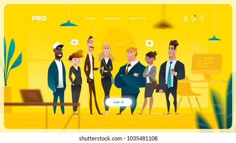 Main Page Web Design with Business Cartoon Characters in Flat Style for Your Projects