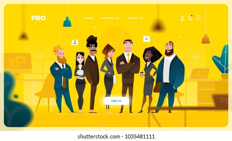 Main Page Web Design with Business Cartoon Characters in Flat Style for Your Projects