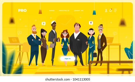 Main Page Web Design with Business Cartoon Characters in Flat Style for Your Projects