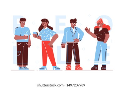 Main page web design with business cartoon characters in flat style for your projects. People hipster fashion style standing together. Fashionable men woman dressed in trendy vintage clothes. 