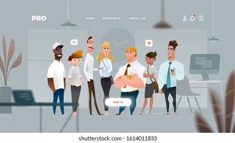 Main Page Web Design with Business Cartoon Characters in Flat Style for Your Projects. Cold Look. 