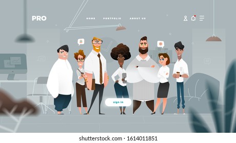 Main Page Web Design with Business Cartoon Characters in Flat Style for Your Projects. Cold Look. 