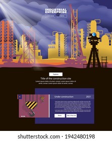 The main page of the website with a banner with the parallax effect construction of an oil refinery. Vector banner