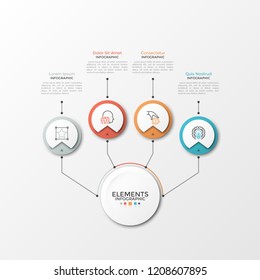 Main paper white circle connected to 4 round elements with linear symbols inside and text boxes by lines. Four circular options to choose. Modern infographic design template. Vector illustration.