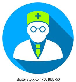Main Physician long shadow icon. Style is a light flat symbol with rounded angles on a blue round button.