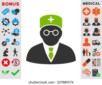 Main Physician vector icon with bonus. Style is bicolor flat symbol, eco green and gray colors, rounded angles, white background.