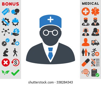 Main Physician vector icon with bonus. Style is bicolor flat symbol, smooth blue colors, rounded angles, white background.