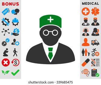 Main Physician vector icon with bonus. Style is bicolor flat symbol, green and gray colors, rounded angles, white background.