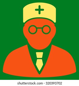 Main Physician vector icon. Style is bicolor flat symbol, orange and yellow colors, rounded angles, green background.