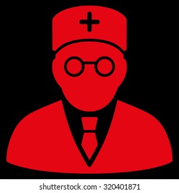 Main Physician vector icon. Style is flat symbol, red color, rounded angles, black background.
