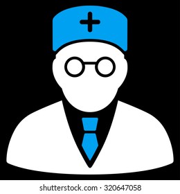 Main Physician vector icon. Style is bicolor flat symbol, blue and white colors, rounded angles, black background.