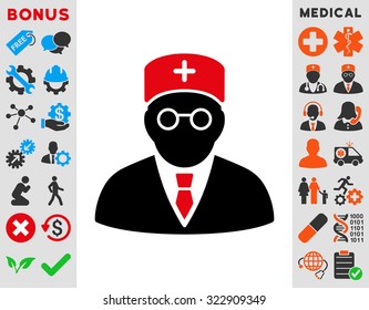 Main Physician vector icon. Style is bicolor flat symbol, intensive red and black colors, rounded angles, white background.