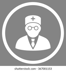 Main Physician vector icon. Style is flat circled symbol, white color, rounded angles, gray background.