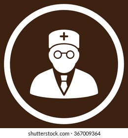 Main Physician vector icon. Style is flat circled symbol, white color, rounded angles, brown background.