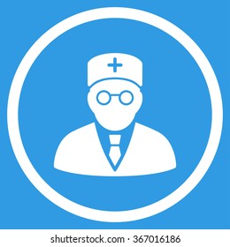 Main Physician vector icon. Style is flat circled symbol, white color, rounded angles, blue background.