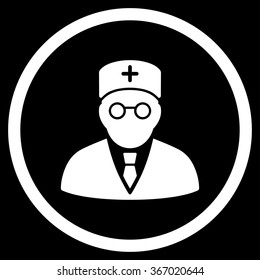 Main Physician vector icon. Style is flat circled symbol, white color, rounded angles, black background.
