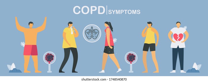 Main process of COPD symptoms starts from strong, sputum, tired, cough until heart attack. Lung have breathing problems and poor airflow. Pulmonology vector illustration.