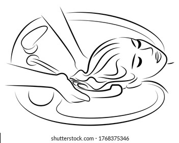 The main profile of a beautiful lady. The girl in the beauty salon. Woman washes her hair with water in the hairdresser's car wash. Vector illustration.