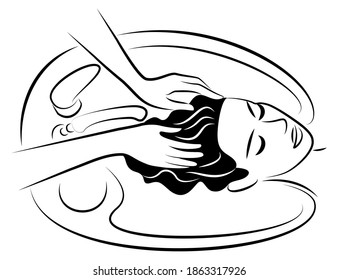 The main profile of a beautiful lady. The girl in the beauty salon. Woman washes her hair with water in the hairdresser's car wash. Vector illustration.