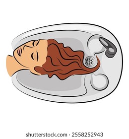 The main profile of a beautiful lady. The girl in the beauty salon. Woman washes her hair with water in the hairdresser's car wash. Vector illustration.