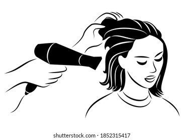 The main profile of a lovely lady. Girl in a beauty salon. Hair is dried with a hairdryer, hair is done. Vector illustration.