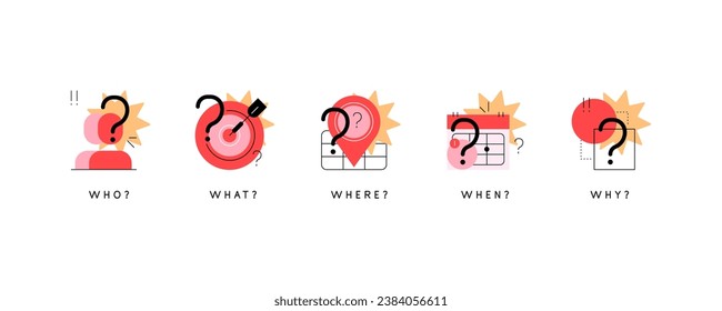 Main questions. Critical thinking. Set of flat icons, infographic elements. Vector file.