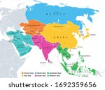 Main regions of Asia. Political map with single countries. Colored subregions of the Asian continent. Central, East, North, South, Southeast and Western Asia. English labeled. Illustration. Vector.