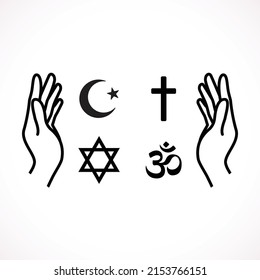 The main religious symbols (Islam, Christianity, Judaism and Hinduism). Hands folded in prayer line icon. Editable stroke Outline hands folded in prayer vector icon for web design isolated on white ba