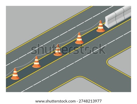 Main road and branch road T intersection simple flat illustration in isometric view.