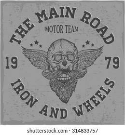 The main road label with hand drawn skull with beard and wings, T-shirt design