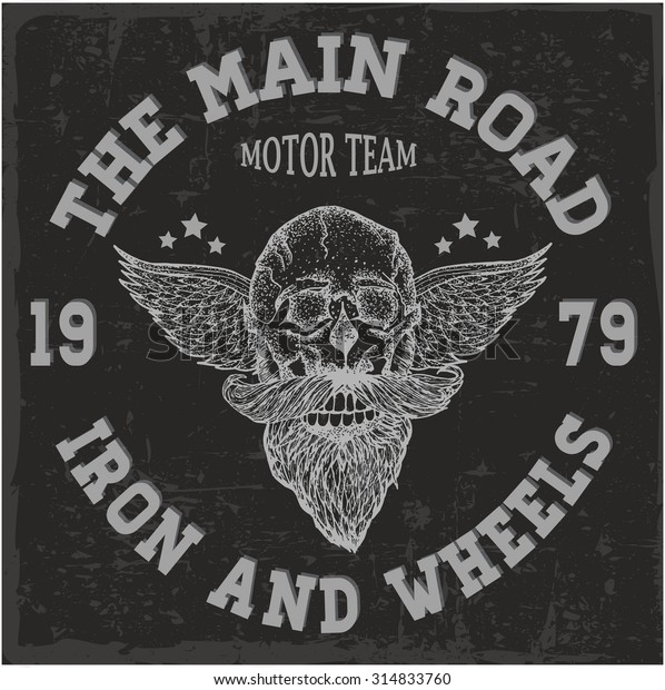 The main road label with hand drawn skull with\
beard and wings, T-shirt\
design