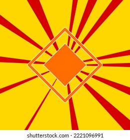 Señal principal de la carretera en un fondo de líneas radiales de explosión de flash rojo. El gran símbolo naranja se encuentra en el centro del sol, simbolizando la salida del sol. Ilustración del vector sobre fondo amarillo