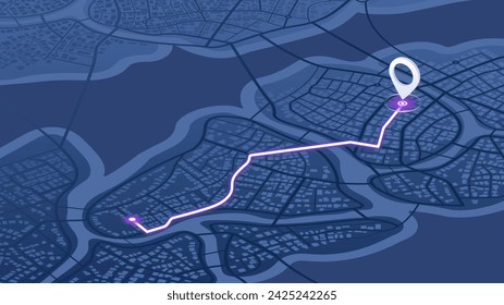 Main road throughout isometric map. Simple scheme of city. Navigation to poi. Generic city map with signs of streets, roads, house. Vector illustration, map background