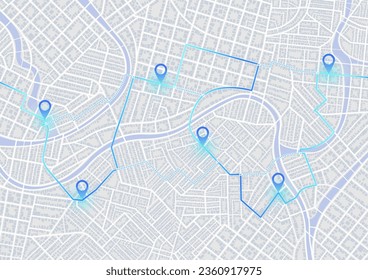 Main road throughout map. Navigation mapping technology for obtaining data on distance and turns of the path. The path from a point to the intended goal, many destinations, signs Vector, illustration.