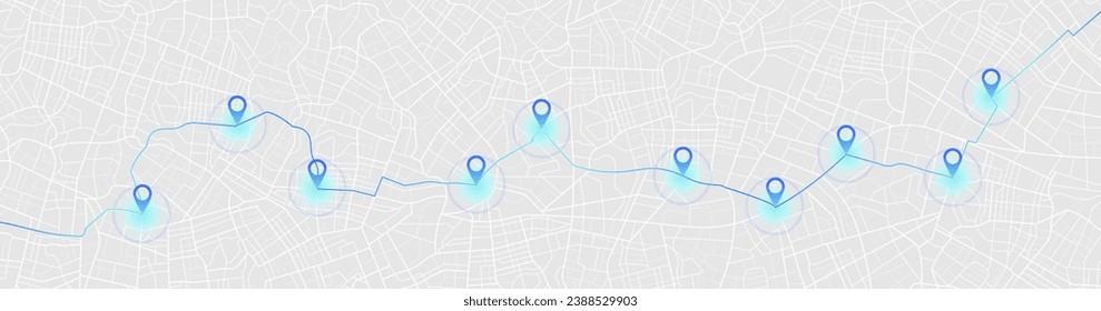 Ruta principal a través del mapa. Tecnología de cartografía de navegación para obtener datos sobre la distancia y los giros de la ruta. El camino desde un punto hacia el objetivo previsto, muchos destinos, signos Vector, ilustración.