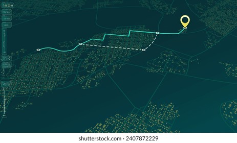 Main road throughout map. Simple scheme of isometric city. Navigation to poi. Location tracks dashboard. Generic city map with signs of streets, roads, house. Vector illustration, map background