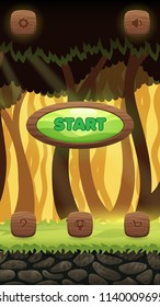Main screen vector template for magical forest game with wooden element and icons. Start, settings, sound, shop and achievement buttons.