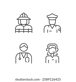 Main Services icons. Set of 4 modern minimalist icons dedicated to various emergency situations and responses. Includes symbols for first responders and safety equipment. Vector illustration.