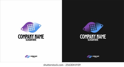 The main shape of the logo resembles an eye divided into two parts, with the inner part being a square or grid. The combination of purple and blue gives a calm, smart and futuristic impression.