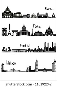 Main sights of four european capitals - Rome, Paris, Madrid and Lisbon, drawn in black and white style.