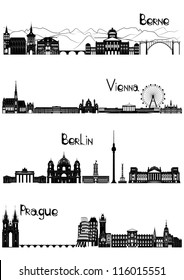 Main sights of four european capitals - Berne, Berlin, Vienna and Prague, drawn in black and white style.