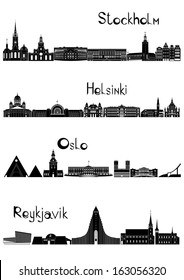 Main sights of four european capitals - Stockholm, Oslo, Reykjavik and Helsinki, drawn in black and white style. 