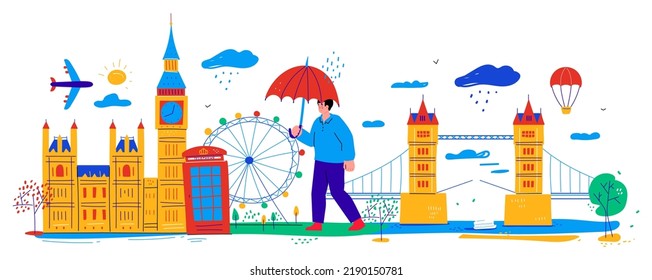 Main sights of London - flat design style banner. High quality colorful images of Westminster Abbey, Big Ben, Tower Bridge, red telephone box, rainy weather and tourist with umbrella. Europe idea