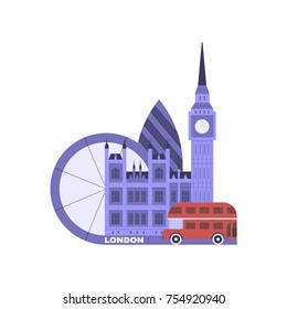 The main sights of London.  Travel background with different tourist objects.