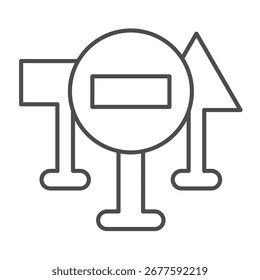 Main signposts thin line icon, driver license concept. Vector graphics. Signposts with road attention, road end, direction sign on white background, outline style icon for mobile or web design