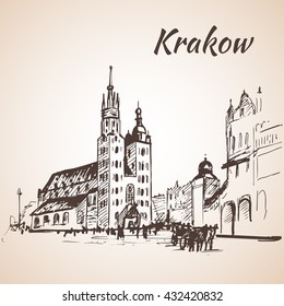 Main Square, Krakow, Poland. Sketch. Isolated on white background
