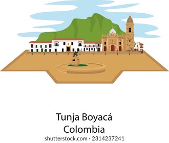 Main square of Tunja, Boyacá Colombia, Catholic cathedral, important church, founder's house, Gonzalo Suárez Rendón and bolivar on center of square.