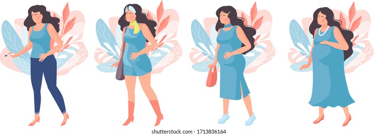 The main stages of pregnancy. Changes in the female body during pregnancy week after week. Pregnancy Calendar. Cartoon stock vector illustration.