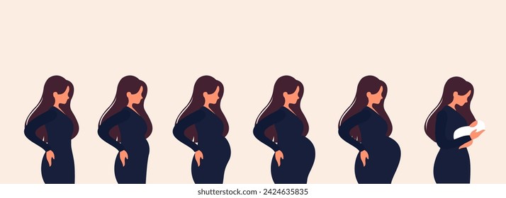 The main stages of pregnancy. Changes in the female body during pregnancy week after week. Set for infographics. Pregnancy Calendar. Flat stock vector illustration.